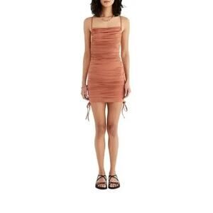 NWT Rumer Ruched Paige Fitted Mini Dress Drawstring Side Seams SelfTies L Amber